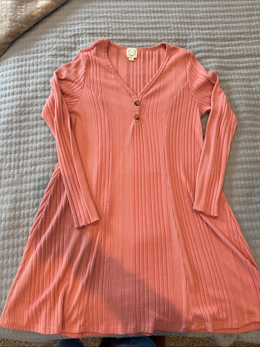 Blue Rain Coral Pink Ribbed Long-Sleeve V-Neck Dress